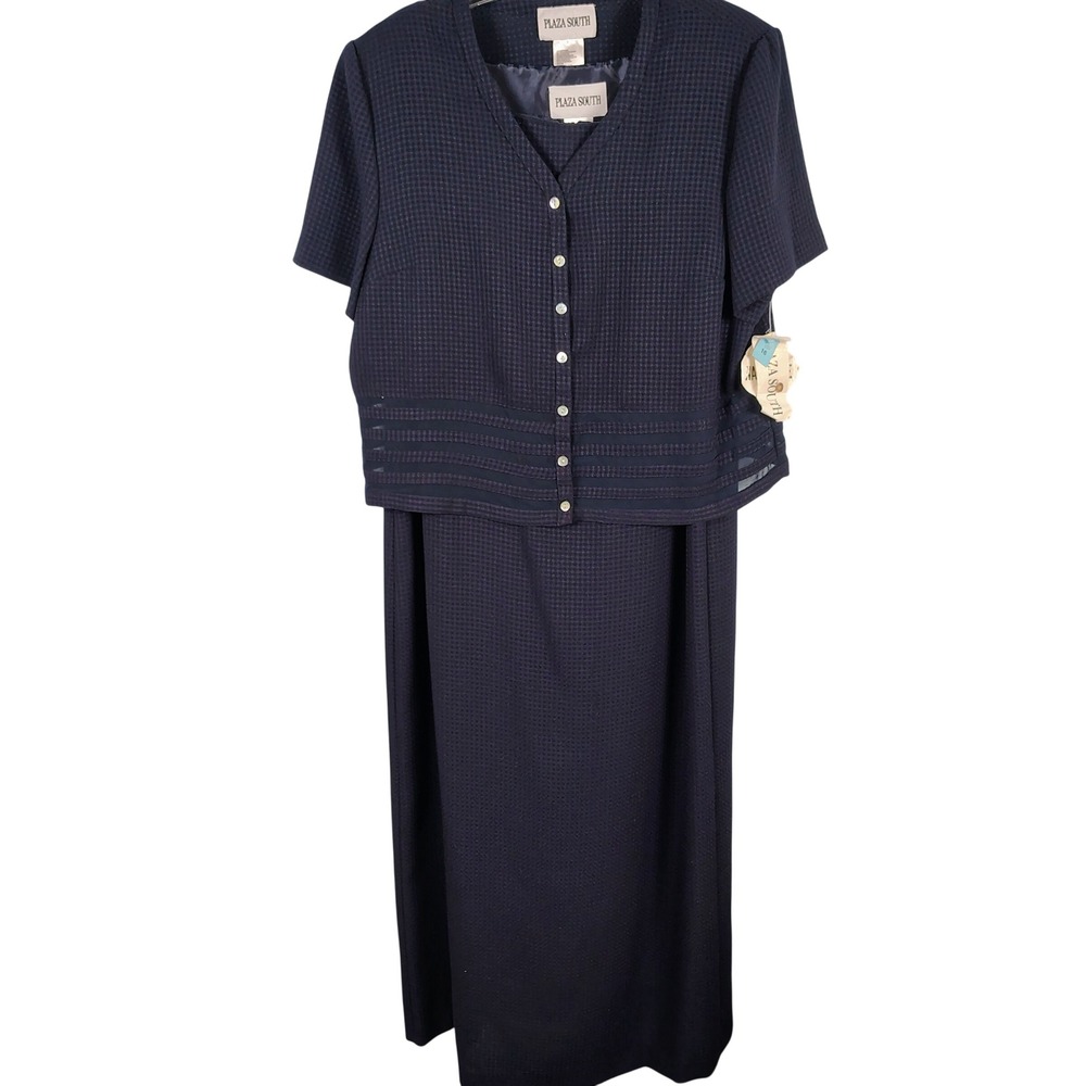 NWT Plaza South Womens SZ 16 Dress Set Navy Blue Textured Officecore Suit